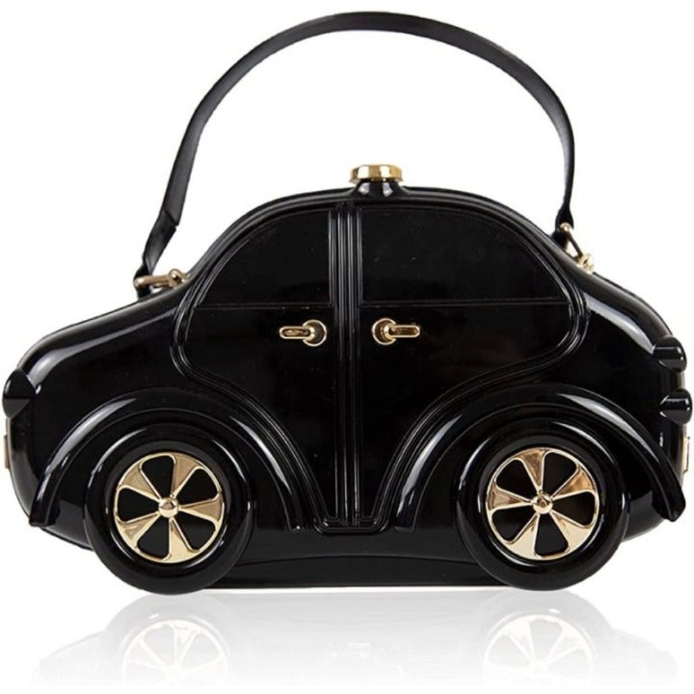 BLACK CAR SHAPED NOVELTY RETRO VINTAGE HANDBAG CROSSBODY CLUTCH